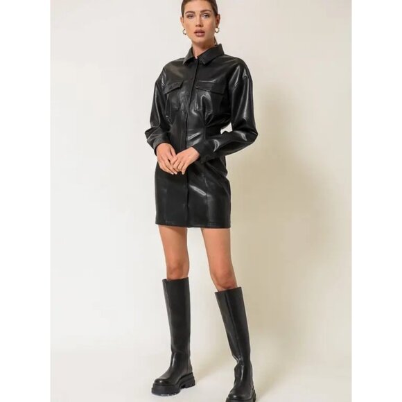 Line & Dot Lou Faux Leather Mini Dress in Black Small Womens Vegan Shirtdress - Picture 8 of 13